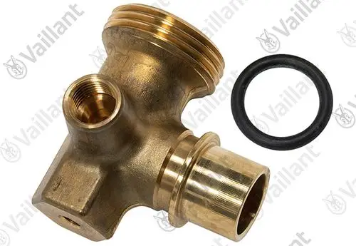 Vaillant Anschlussstück mit einem Winkel und zwei Anschlussflächen, einem Gewinde und einer Dichtung. Das Produkt besteht aus Metall und dient zur Verbindung von Rohrleitungen.